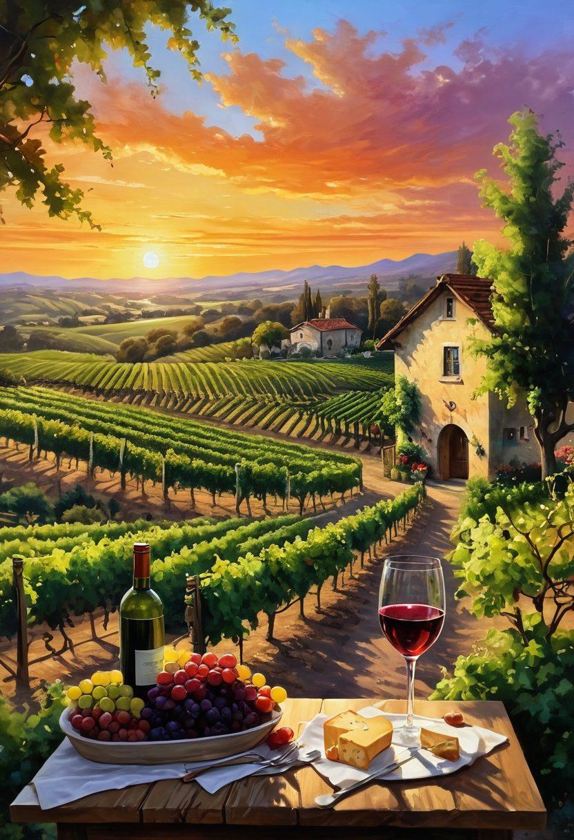A picturesque vineyard in Antioch with rows of lush grapevines stretching into the horizon, a charming winery with rustic architecture nestled among them, and a wooden table set with elegant wine glasses and assorted gourmet cheese and fruit pairings. Include a vibrant sunset casting warm tones over the scene, evoking a welcoming and lively atmosphere of wine culture. painting. vibrant colors.