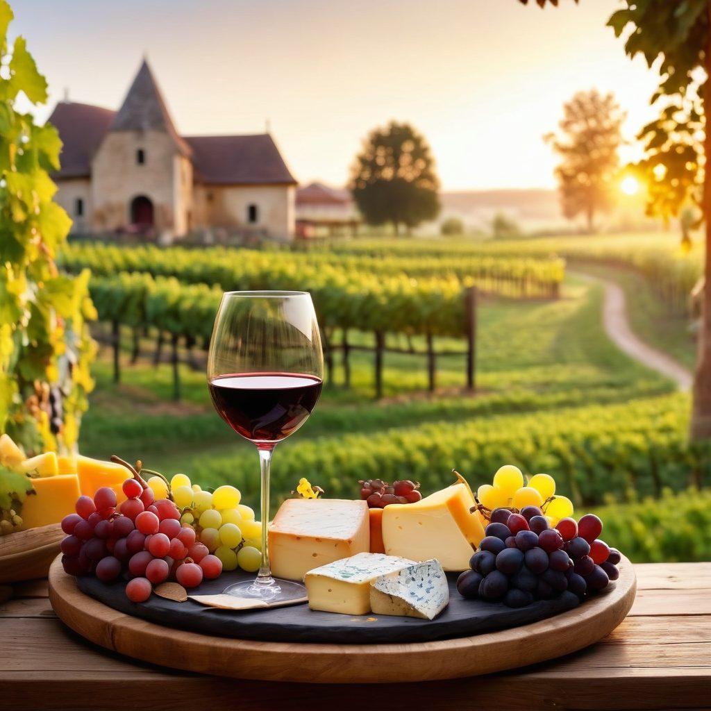 A picturesque vineyard at sunset, showcasing lush grapevines heavy with ripe grapes. In the foreground, a stylish wine glass half-filled with deep red wine, reflecting the golden light. An artistically arranged cheese platter with various cheeses and fruits beside the wine glass. The background features a rustic winery building with wooden barrels, creating a warm, inviting atmosphere. warm colors. natural light. painting.