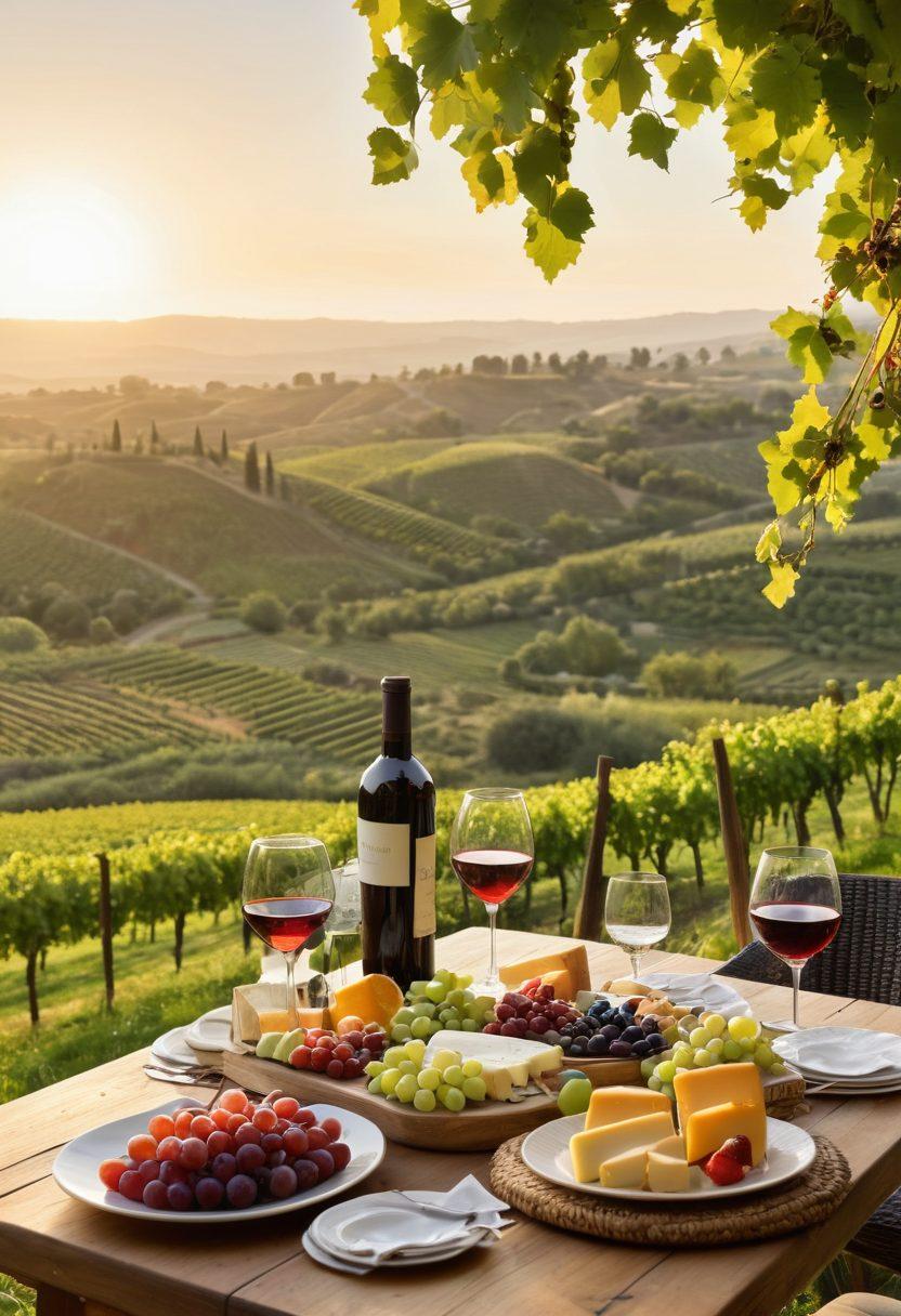A beautifully set outdoor dining table with an array of wine glasses, cheese platters, and fresh fruits, surrounded by lush green vineyards in Antioch. The golden hour sunlight casts a warm glow, creating a tranquil and inviting atmosphere. In the background, rolling hills and grapevines extend into the distance, hinting at a journey into the world of wine. super-realistic. vibrant colors. natural scenery.